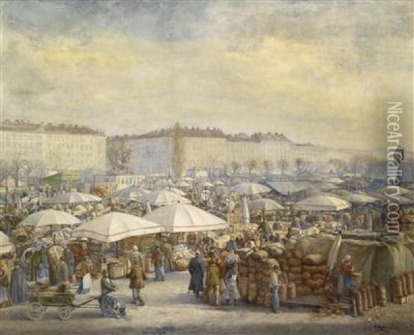 Hustle And Bustle At The Naschmarkt Oil Painting - Carl Massmann