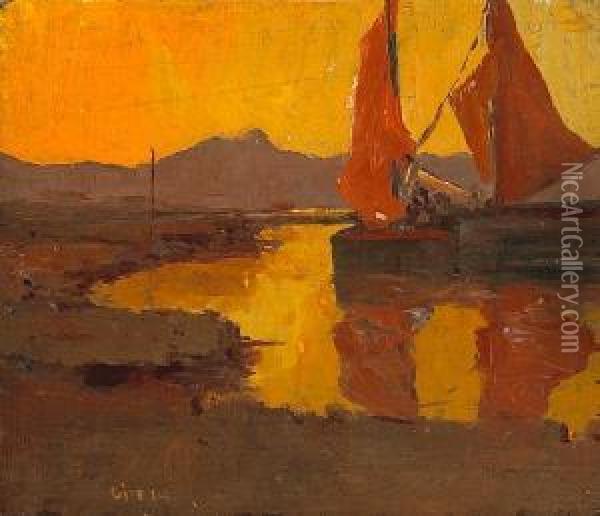 Two Boats With Red Sails Oil Painting - Selden Connor Gile