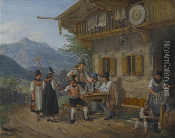 Bauern Vor Dem Wirtshaus In Marbach Oil Painting - Lorenzo Quaglio