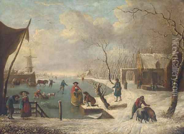 Dutch skaters and tradesmen at a frozen waterway Oil Painting - Leendert de Koningh