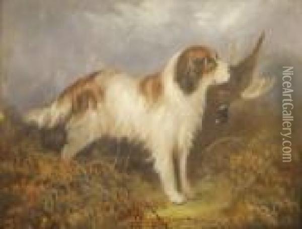 Gundog With Pheasant In Landscape Oil Painting - George Armfield