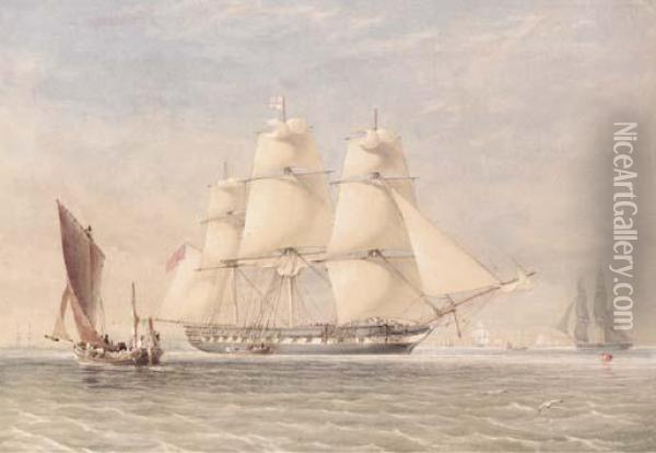 A Blackwall Frigate Getting Underway In The Downs Oil Painting - Thomas Sewell Robins