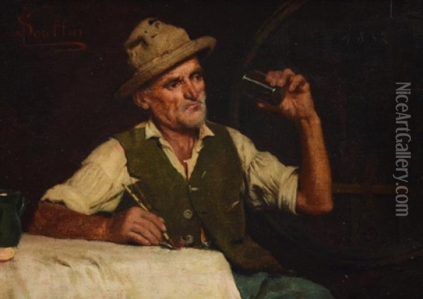Elderly Man Drinking Wine And Smoking His Pipe Oil Painting - Luigi Scaffai
