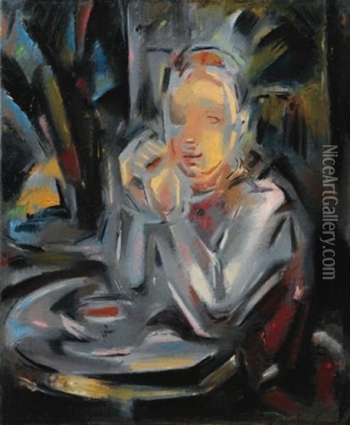 Jeune Assis A Table Face A Une Tasse Oil Painting - Maria Blanchard