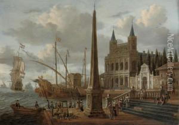 A Meditteranean Harbour Scene With The Facade Of The Basilica Disan Giovanni In Laterano Oil Painting - Jacobus Storck