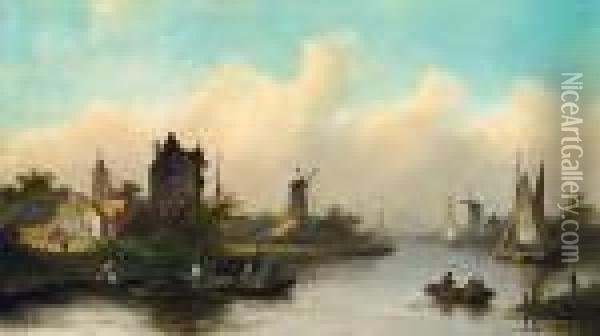 Flusslandschaft Mit Segelbooten Und Windmuhle Oil Painting - Jan Jacob Coenraad Spohler