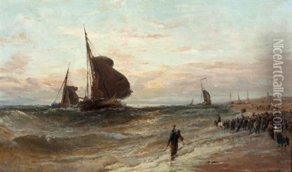 Stormy Sunset, Dutch Boats Returning From Sea, Katwyke Beach, Holland Oil Painting - Edwin Hayes