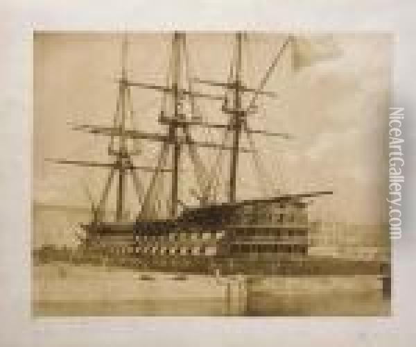 H.m.s Duke Of Wellington In Keyham Docks Oil Painting - Linneaus Tripe