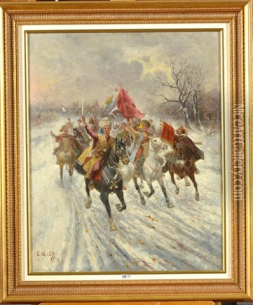 La Charge De La Cavalerie Cosaque Oil Painting - Adolf (Constantin) Baumgartner-Stoiloff