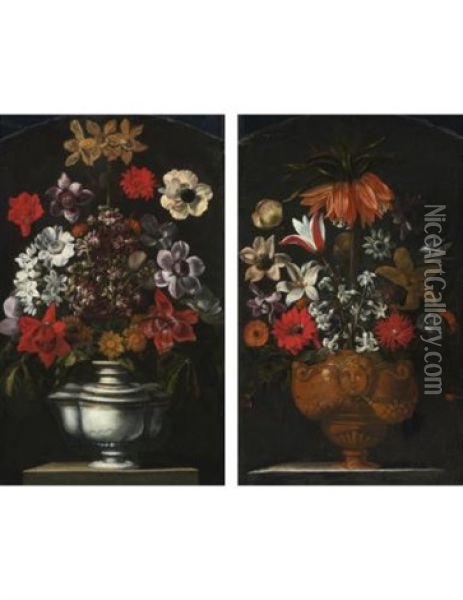 Still Lifes Of Flowers In Elaborate Urns On A Ledge (pair) Oil Painting - Giacomo Recco