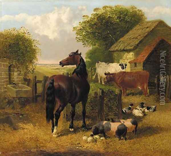 A horse, pigs, ducks and cattle in a farmyard Oil Painting - John Frederick Herring Snr