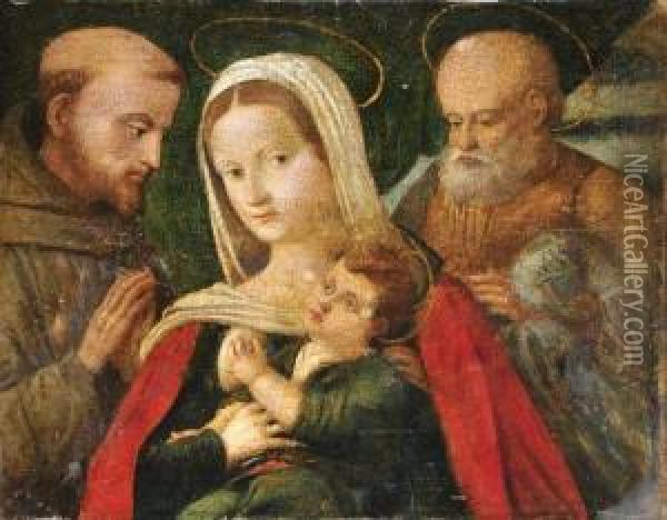 Saint Francois D'assise Devant La Sainte Famille Oil Painting - Marco Palmezzano