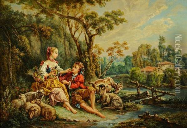 Pastoral Scene With Young Lovers Seated By A Stream Oil Painting - Francis Bouchet