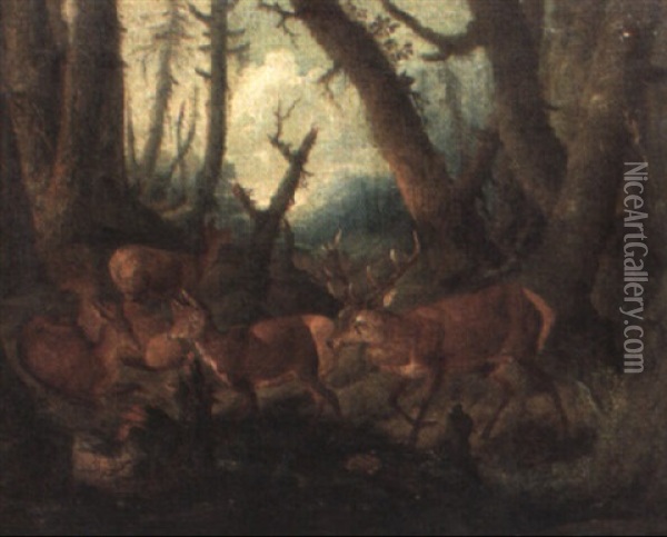 Wooded Landscapes With Bears And Deer Oil Painting - Johann Melchior Roos