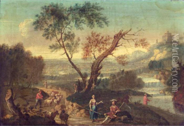 Italianate Landsape With Drovers
 And Their Animals On A Road Beside A River, A Hilltop Castle Beyond Oil Painting - Francesco Zuccarelli