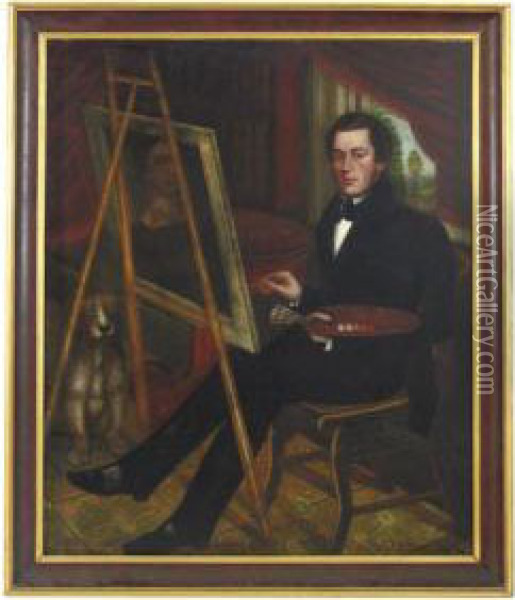Self-portrait Of The Artist At His Easel, His Dog Seated Beneath An Empire Center Table Oil Painting - Randall Palmer