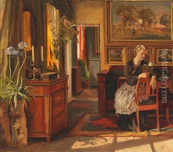 Interior With The Artist's Wife Reading, Sitting In Their Home Oil Painting - Viggo Pedersen