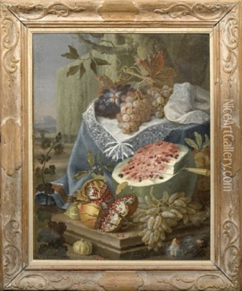 Still Life With Grapes, Melon, And Pomegranates On A Stone Ledge Oil Painting - Abraham Brueghel