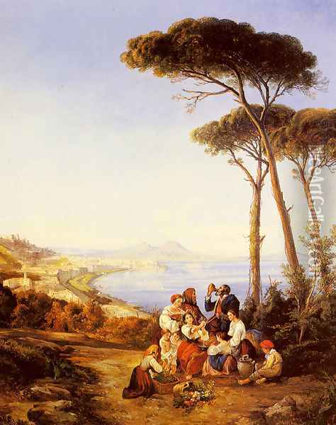 A Group Of Peasants With The Bay Of Naples Beyond Oil Painting - Consalvo Carelli