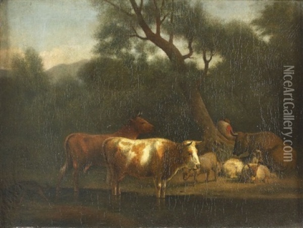 Weidelandschaft Mit Kuhen Und Schafen Oil Painting - Paulus Potter