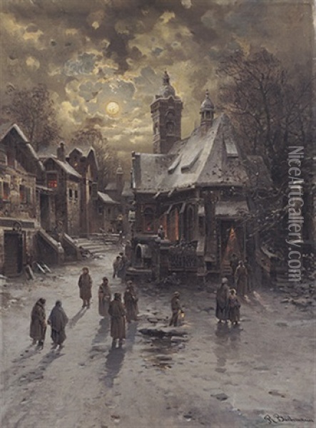 Verschneites Mittelalterliches Stadtchen. Kirchganger Auf Dem Weg Zur Christmette Oil Painting - Rudolf Bachmann