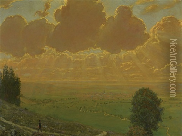 Sunburst Over Sackingen, Black Forest Oil Painting - Hans Thoma