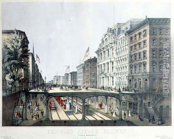 Proposed Arcade Railway, under Broadway, view near Wall Street, pub. by Ferd. Mayer and Sons, New York, 1869 Oil Painting - Will, August