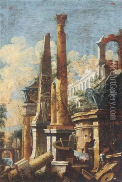 A Capriccio Of Classical Ruins; A Capriccio Of Classical Ruins With An Obelisk And A Column (pair) Oil Painting - Giovanni Ghisolfi