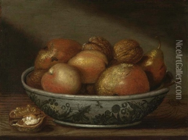 Fruchte In Einer Schale (+ Stilleben Mit Krug, Glas Und Korb Mit Fruchten; Pair) Oil Painting - Franz Roesel von Rosenhof