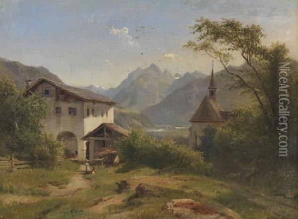 Sommertag Im Oberinntal Mit Bauernhof Und Kapelle. Oil Painting - Ludwig Halauska