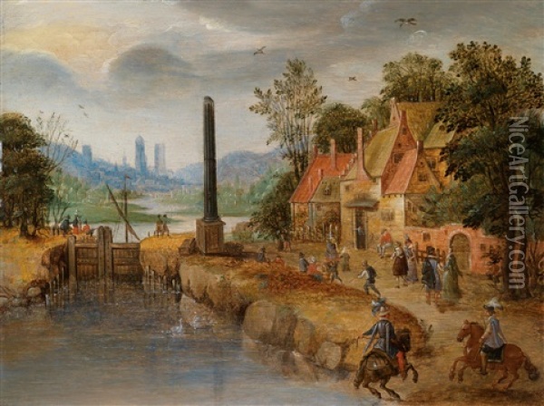 Eine Reich Staffierte Dorfansicht Mit Einem Kanal Und Einer Schleuse Oil Painting - Mattheus Molanus