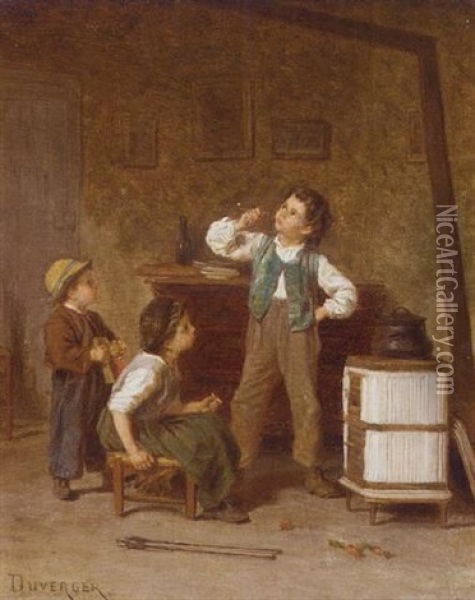 A First Smoke Oil Painting - Theophile Emmanuel Duverger