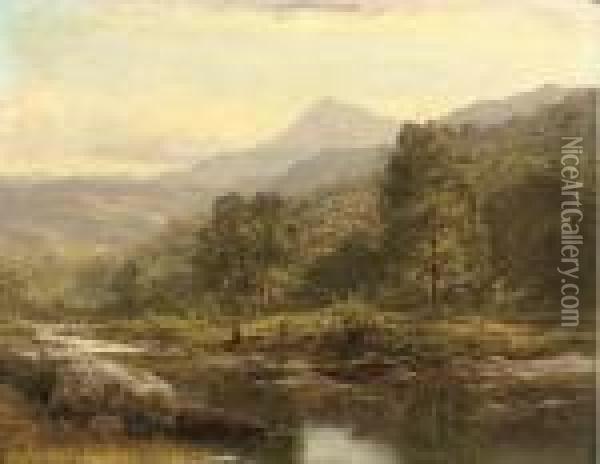 An Island On The Llugwy, Capel Curig, With An Angler Oil Painting - Benjamin Williams Leader