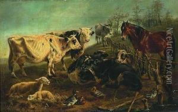 Schafe, Kuhe, Pferd, Esel Und
 Enten Auf Der Weide Oil Painting - Joseph Augustus Knip