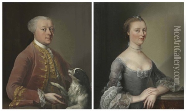 Portrait Of A Gentleman, Half-length; And Portrait Of A Lady, Half-length (pair) Oil Painting - Charles Amedee Philippe van Loo