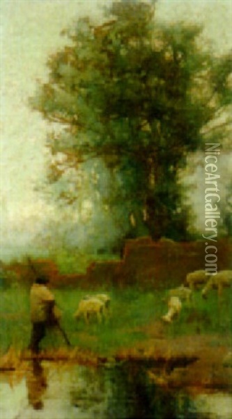 A Shepherd Watching His Flock At Dusk Oil Painting - Charles Wellington Furse