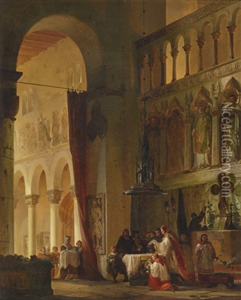Baptism In A Neo-romanesque Chapel Oil Painting - Friedrich Carl Mayer