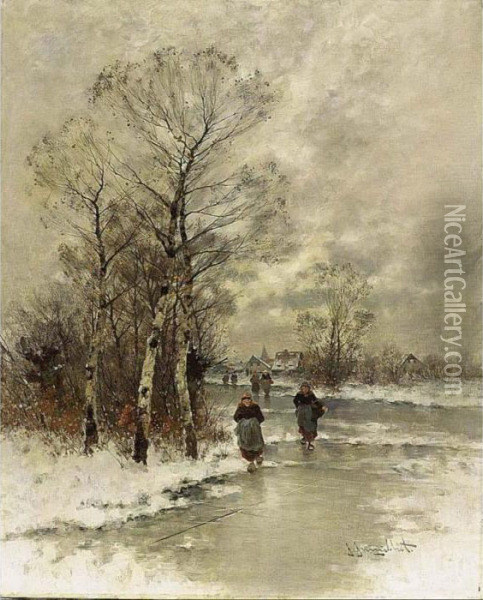 A Winter Landscape With Figures On A Frozen River Oil Painting - Johann Jungblutt