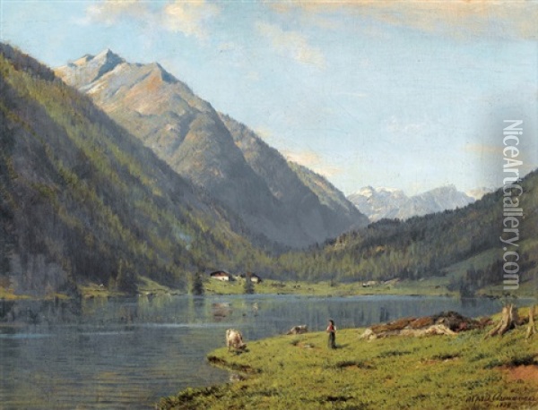 Bergsee Mit Schaferin Und Kuhen Oil Painting - Alfred Chavannes