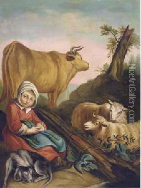 A Young Sheperdess Holding A Fruit, Two Sheeps And A Cow By A Treein A Landscape Oil Painting - Francois-Bernard Lepicie