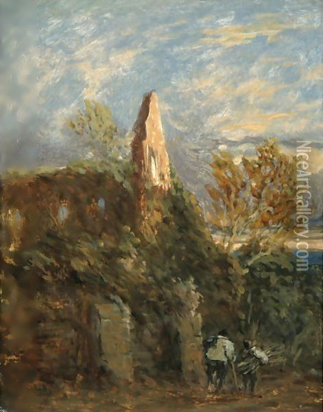 Faggot Gatherers Before A Ruined Abbey Oil Painting - David Cox