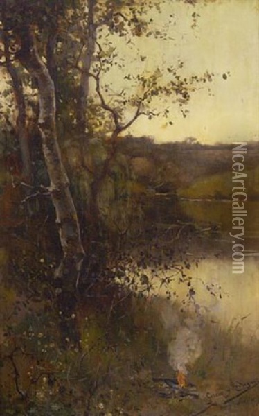 A River Landscape Oil Painting - Manuel Garcia y Rodriguez