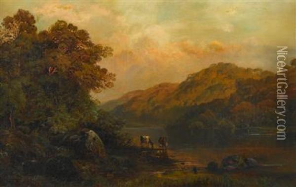 Cattle Watering At Sunset Oil Painting - Edmund Darch Lewis