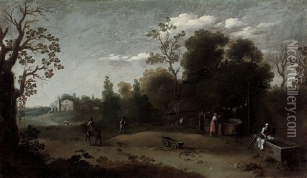 A Wooded Italianate Landscape With Washerwomen In The Foreground Oil Painting - Filippo Napoletano