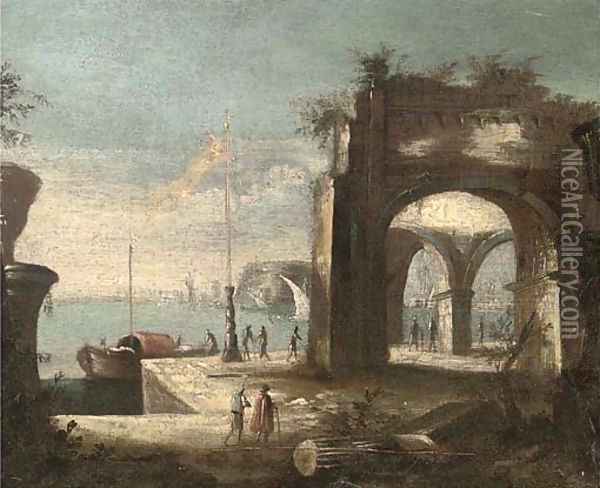 A Mediterranean harbour with shipping and figures on the quay Oil Painting - Leonardo Coccorante