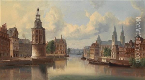 Blick Auf Eine Hollandische Stadt Am Kanal Oil Painting - Ferdinand Lepie