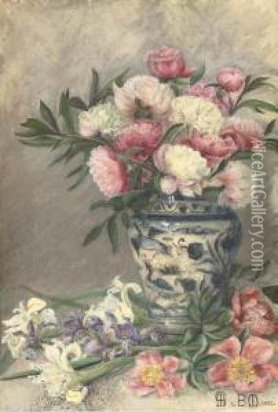 Still-life Of Peonies And Irises In A Chinese Vase Oil Painting - Maria Euphrosyne Spartali, later Stillman