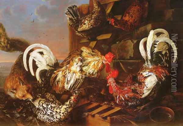 A Farmyard Scene with a Fox Attacking Bantams Oil Painting - Christian Luycks