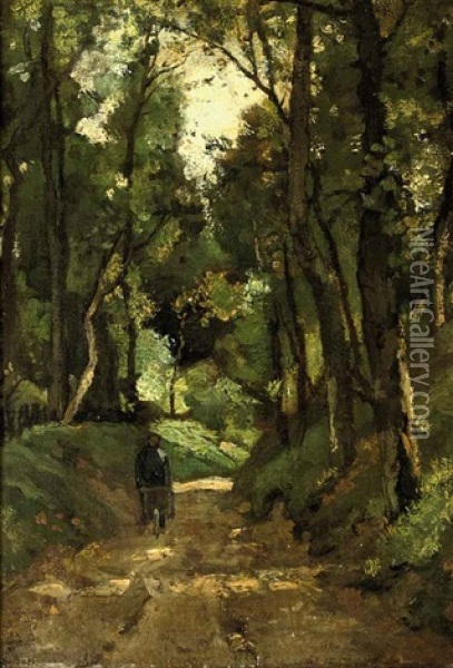 Man With Wheelbarrow In The Forest Oil Painting - Theophile De Bock