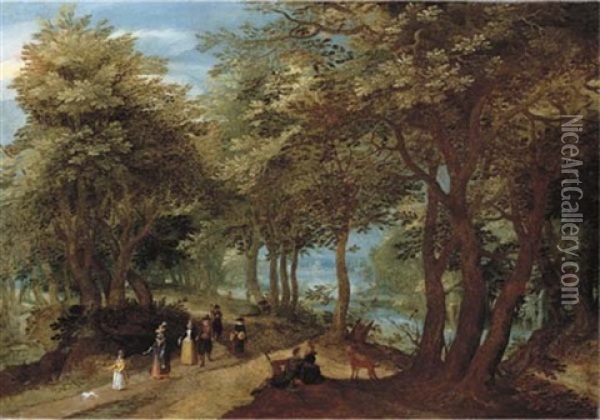 A Wooded Landscape With An Amorous Couple Seated By A Tree And Elegant Company Strolling On A Path Near A River Oil Painting - Denis van Alsloot